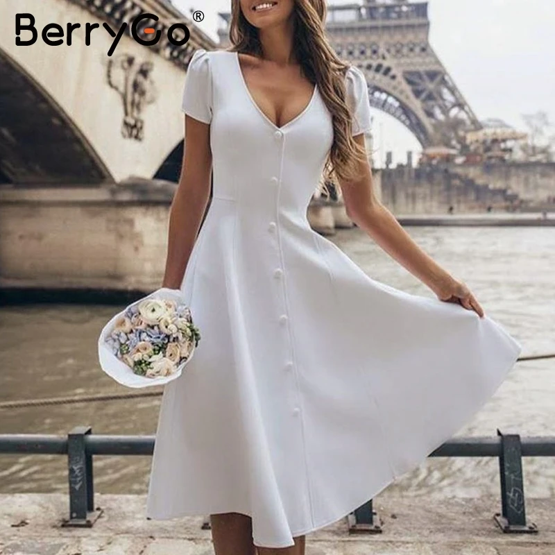 BerryGo Элегантное летнее белое платье женское Винтажное с коротким рукавом на