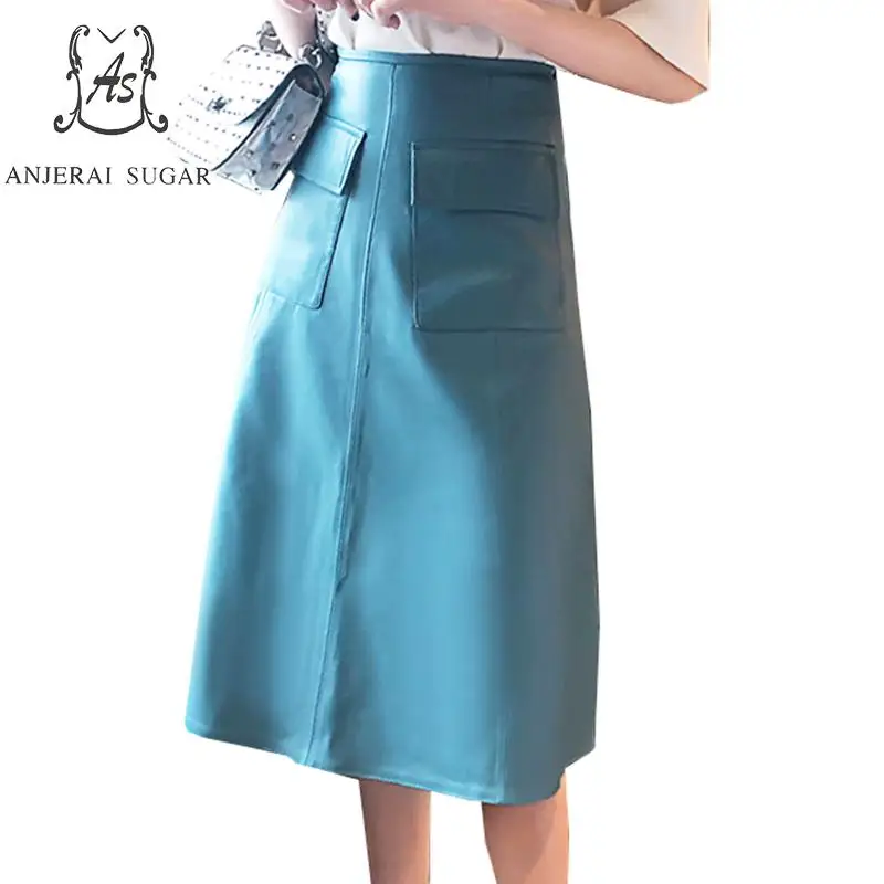 

Genuine leather skirts womens blue orange sexy High waist big pocket OL office faldas mujer moda 2019 Spring A line long skirt