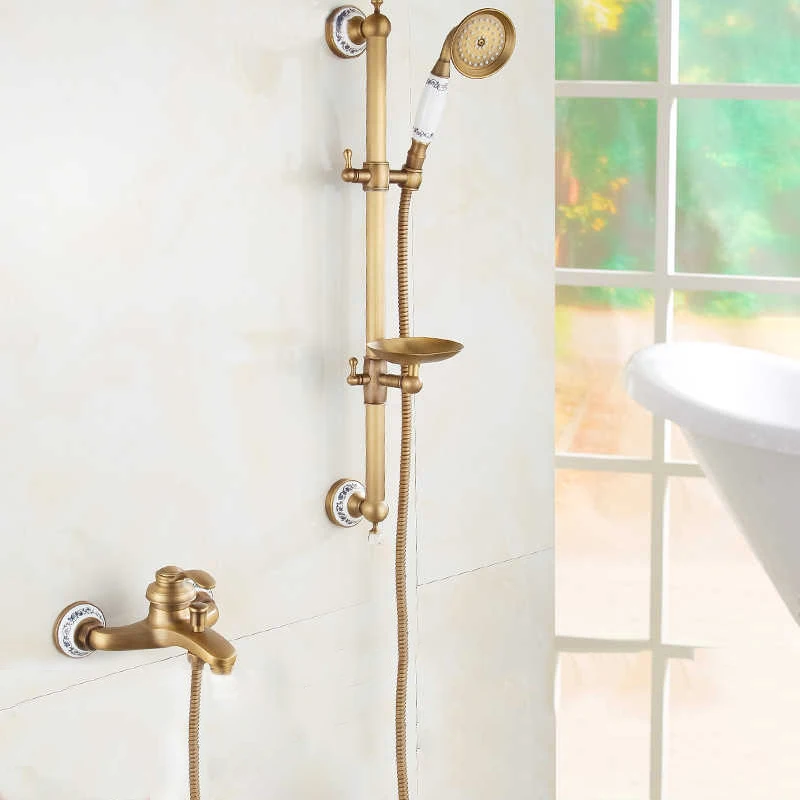 

Shower Faucets Wall Mounted Bath Shower Sets Bathroom Golden Brass Bath Shower Faucet with Slide Bar Handheld Soap Dish 9107G