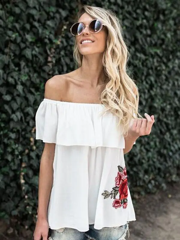 Футболка с вышивкой 2017 новое поступление Летняя женская футболка открытыми