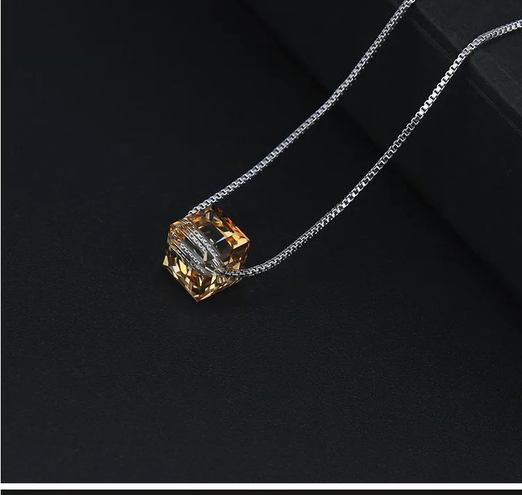 Кристалл от Swarovski ожерелье с подвесками-кубиками для женщин Серебряный цвет коробка цепь ослепительные маленькие простые ожерелья Collier Femme