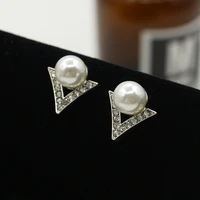 white grey simulated pearl shiny crystal triangle stud earrings for women