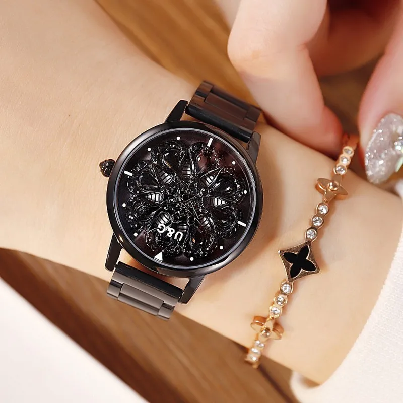 2019 New Fashion Women Watch Women Stainless Steel Wristwatches Lady Shining Rotation Dress Watches Big Diamond Stone Wristwatch