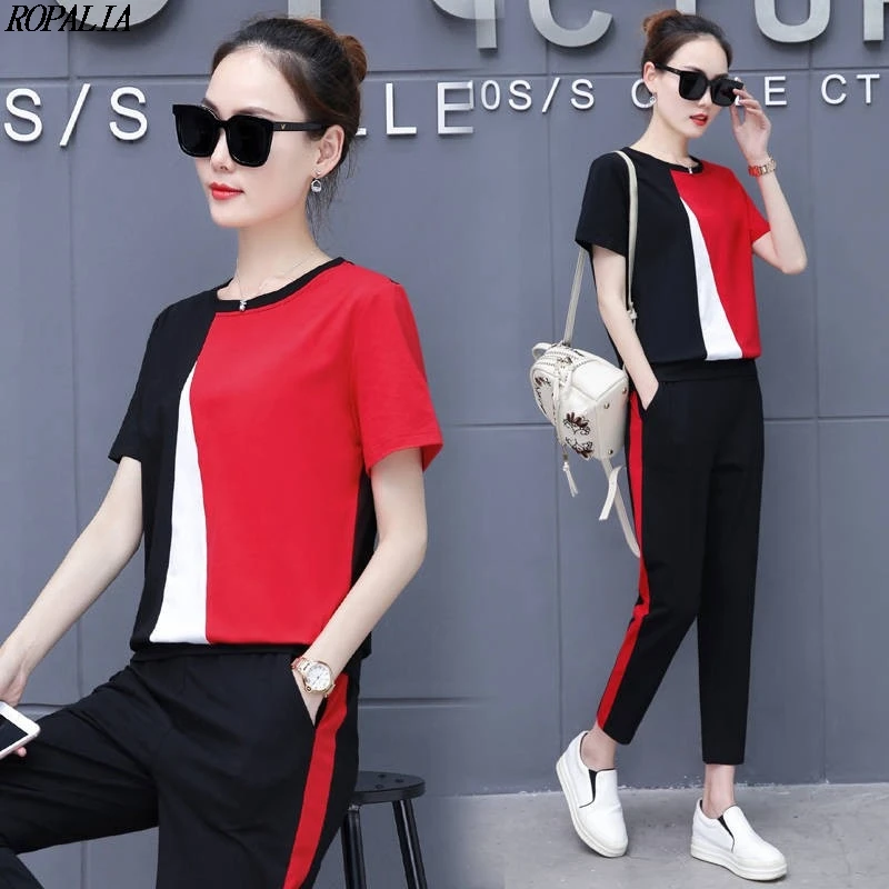 

2 Pieces Set Women Summer Fashion O-Neck Color Block Top And Ankle-Length Pockets Elastic Waist Pants