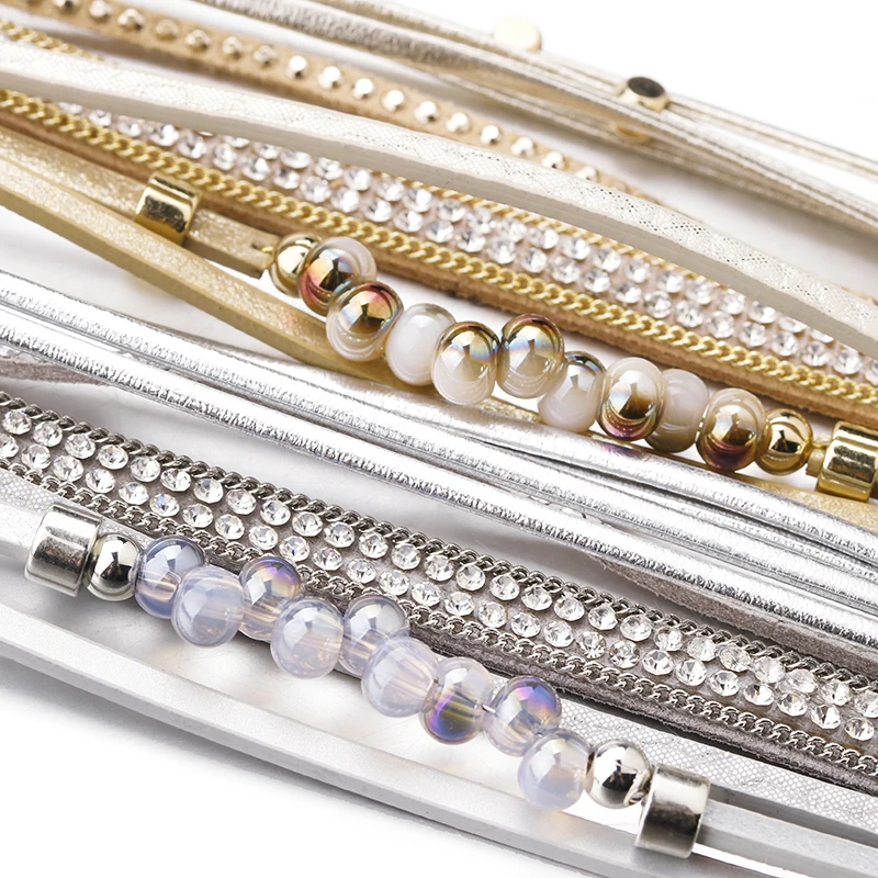 Женский Многослойный кожаный браслет ALLYES широкий магнитный с бусинами в стиле