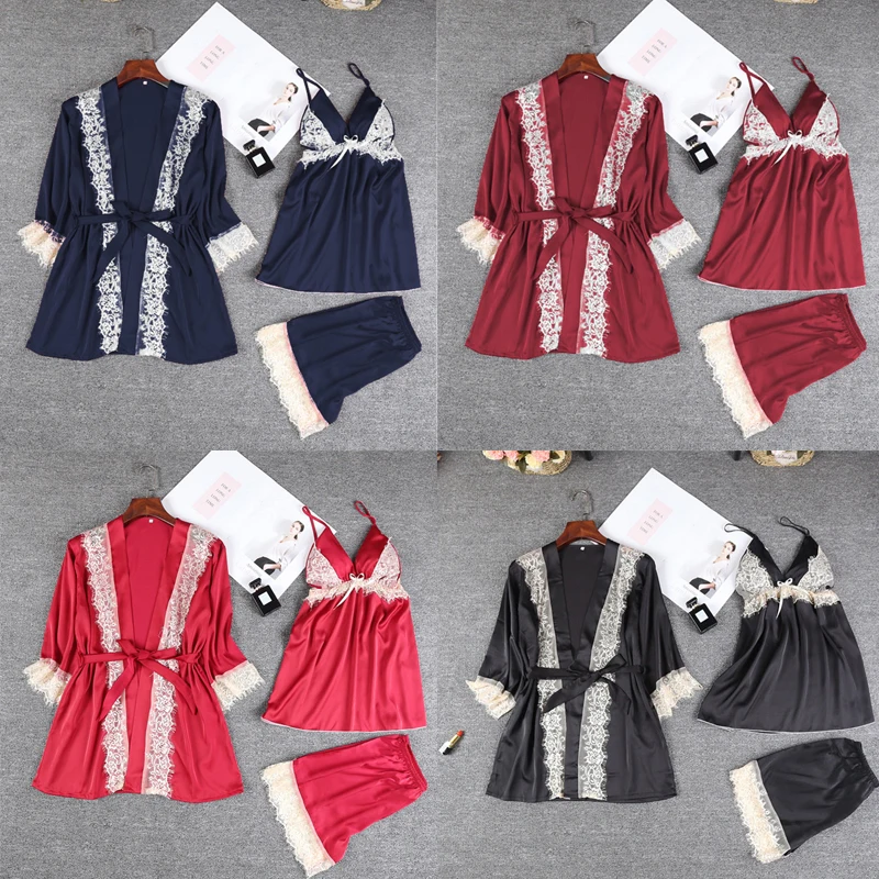 Женское атласное кружевное нижнее белье Babydoll Нижнее белье Шорты Топы однотонные цветные пижамы Дамская одежда набор