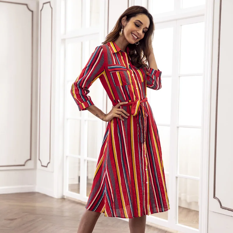 VIEUNSTA Винтаж в радужную полоску Boho Maxi Dress Для женщин кнопку сбоку Разделение длинное платье Повседневное отложной воротник осенние платья 3XL