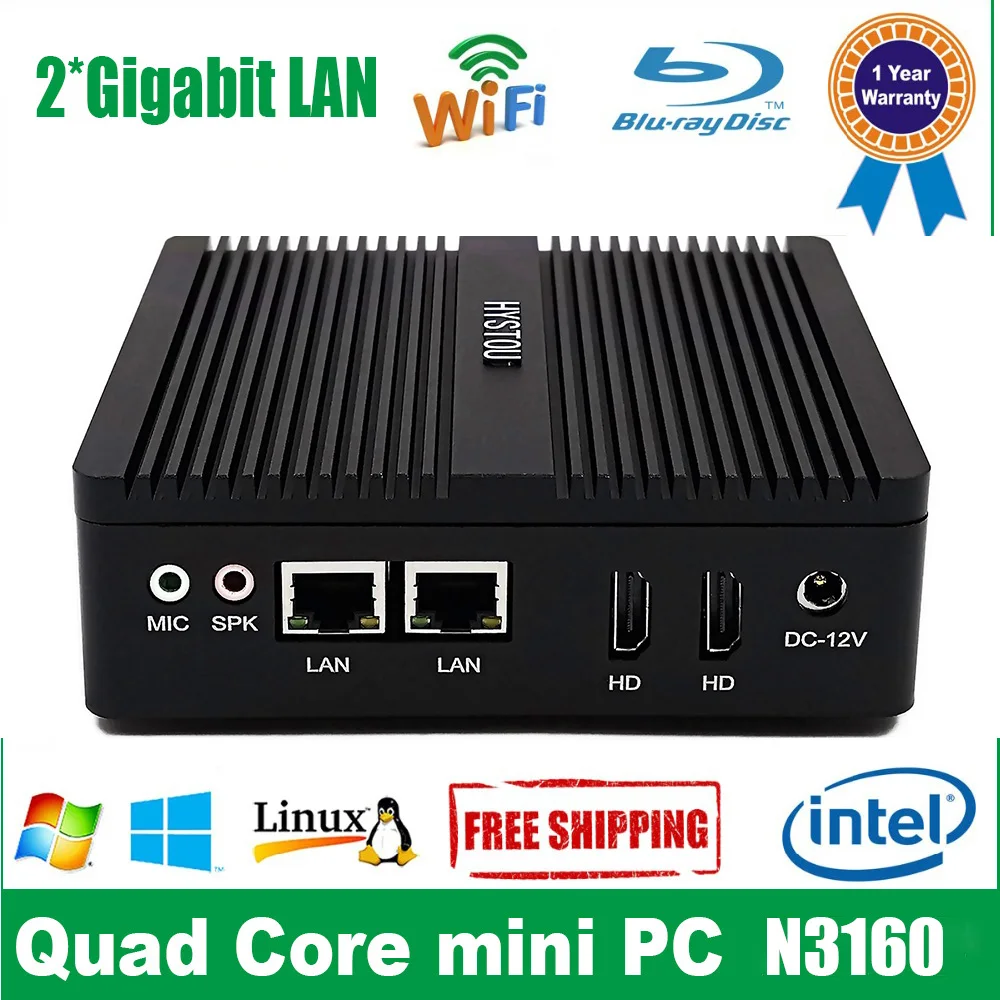 Barebone Linux мини ПК четырехъядерный Celeron N3160 Мини ПК Windows безвентиляторный дизайн без шума 4K ТВ коробка Windows 10 HTPC HYSTOU minipc
