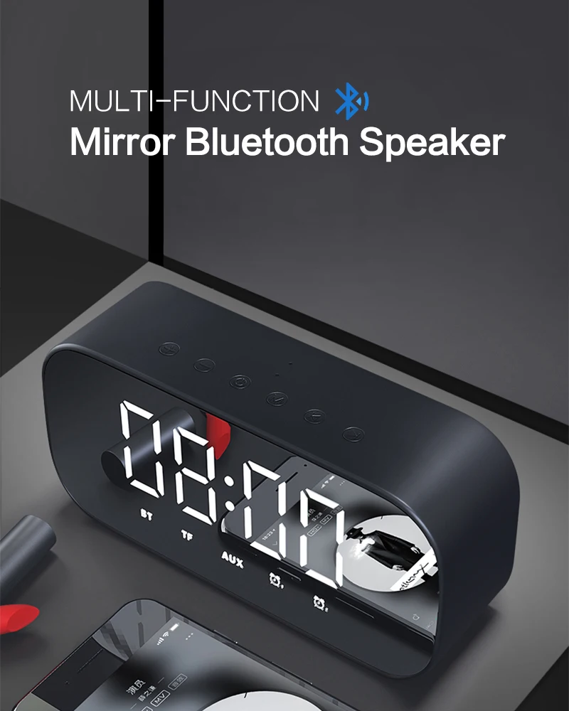 Bluetooth динамик с fm-радио светодиодный зеркальный будильник часы сабвуфер музыкальный плеер Повтор Настольные часы беспроводные
