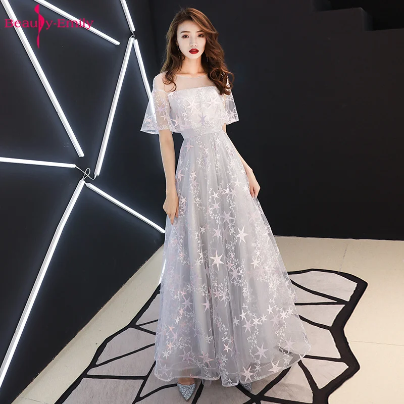 

Beauty Emily O Neck Lace Long Evening Dresses Starry Sequins Appliques Tulle Short Sleeve Party Dresses Luxurious Prom Gowns