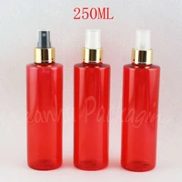 250ml red flat shoulder plastic bottle with gold spray pump 250cc toner water sub bottling empty cosmetic container