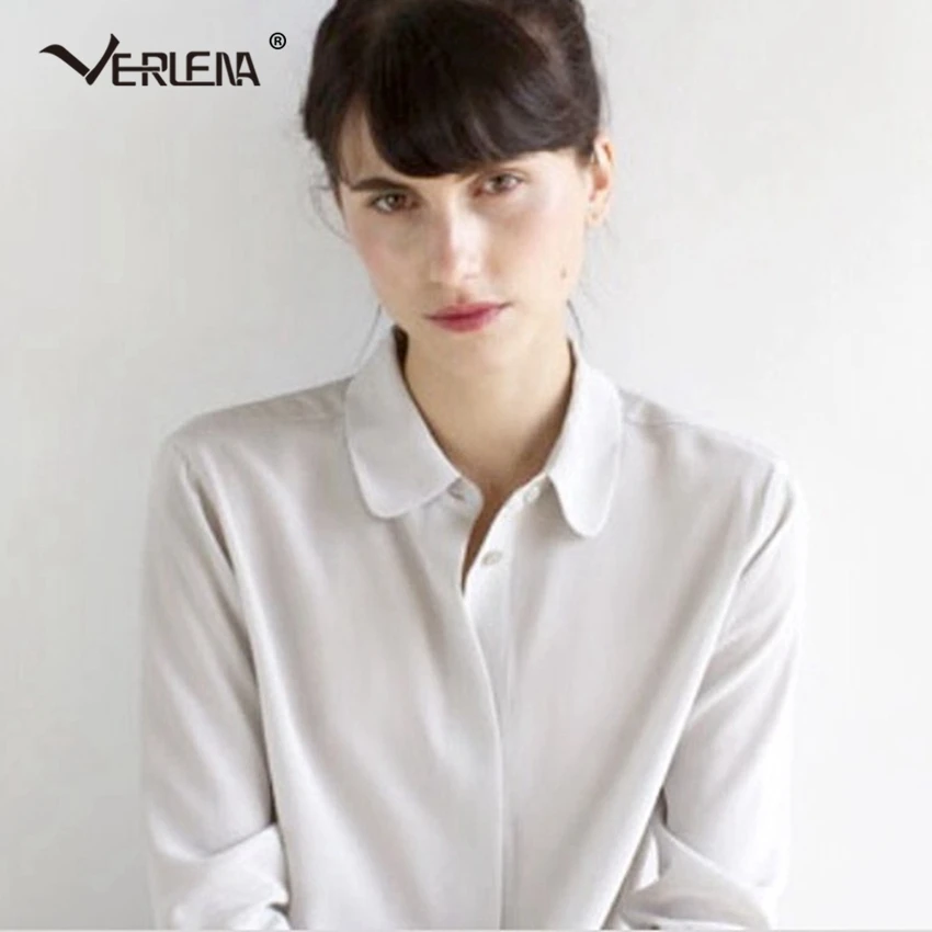 Женская блузка с длинным рукавом Verlena Классическая однотонная белая из 100% шелка