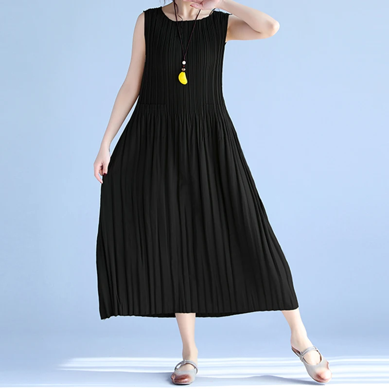 Женское свободное винтажное платье из хлопка и льна без рукавов с круглым