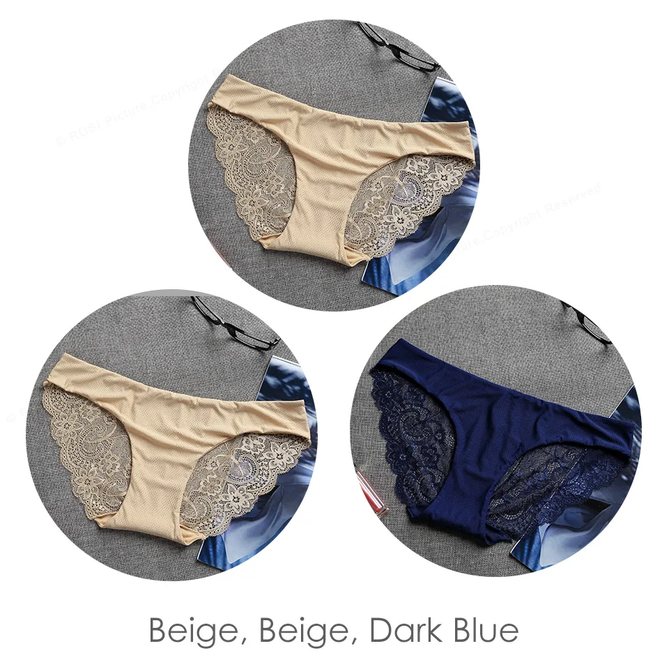 Beige Beige Blue Новинка, сексуальные шелковые бесшовные трусики для женщин, прозрачные кружевные танга, дышащая сетка, низкая посадка, нижнее белье для женщин, нижнее белье, 3 шт - Цвет: Beige Beige Blue