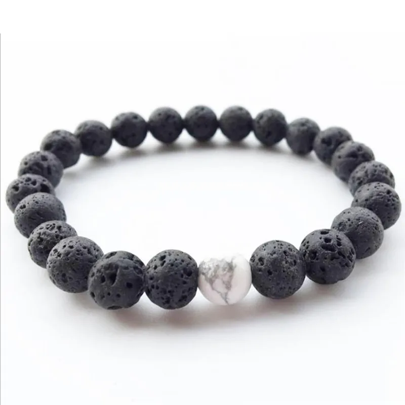 Черный белый браслет из натурального камня с лавовыми бусинами для влюбленных