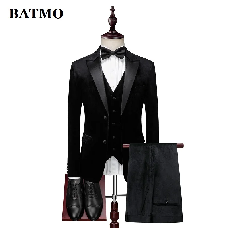 

BATMO 2019 new arrival fashion casual black velvet suits men,men's wedding dress,jackets+pants+vest,XZ347