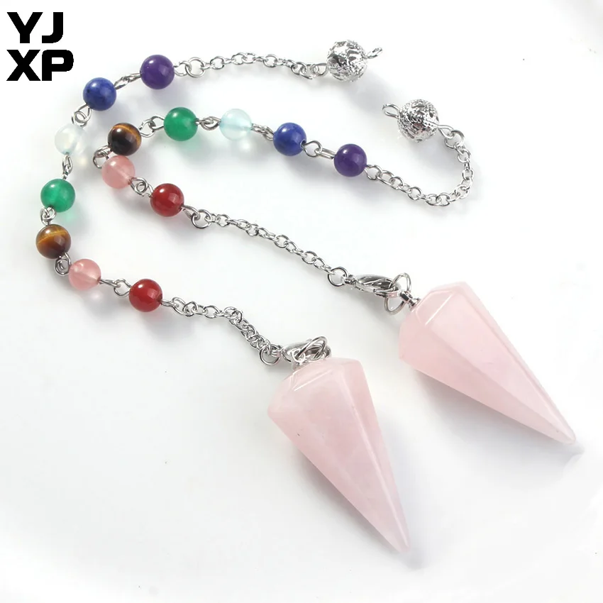 YJXP посеребренные 7 бусин звеньевая цепь чакра камень Dowsing маятник розовый кварц