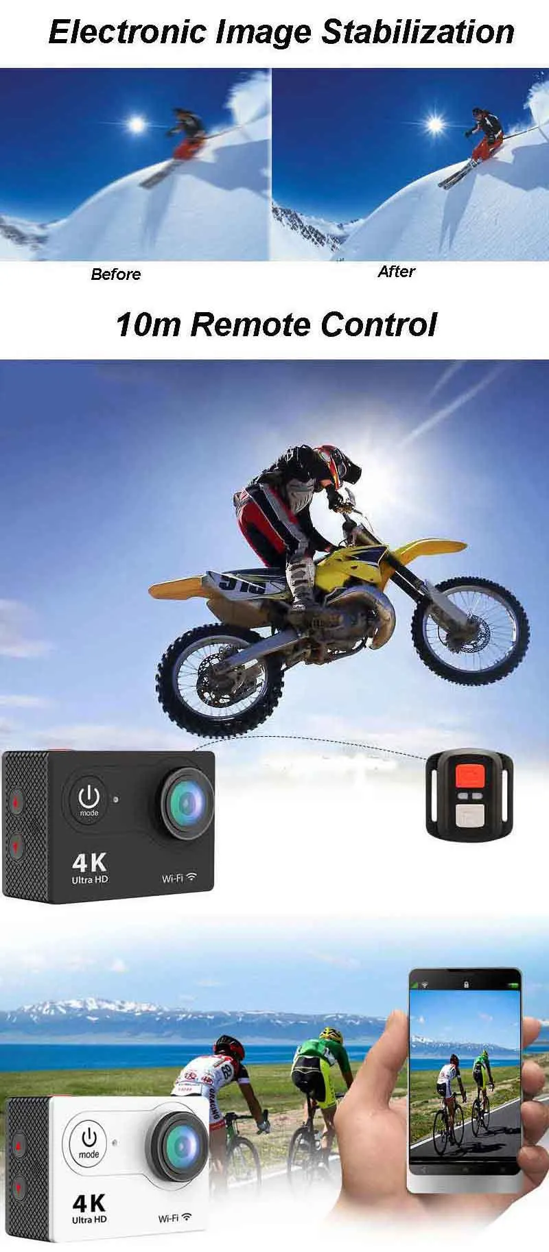Экшн-камера Ultra HD 4 K, Wi-Fi, 2,0 дюйма, 170 градусов, 30 м, для подводной съемки, водонепроницаемая, профессиональная камера на шлем, Спортивная камера с дистанционным управлением