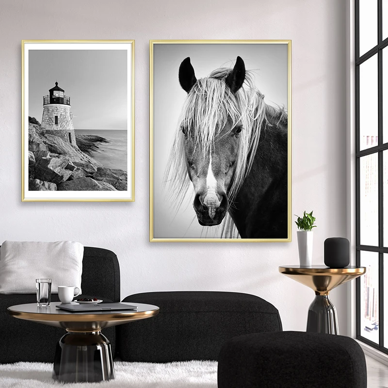 Отпечатки на холсте черный и белый лошадей морской пейзаж плакат холст настенная