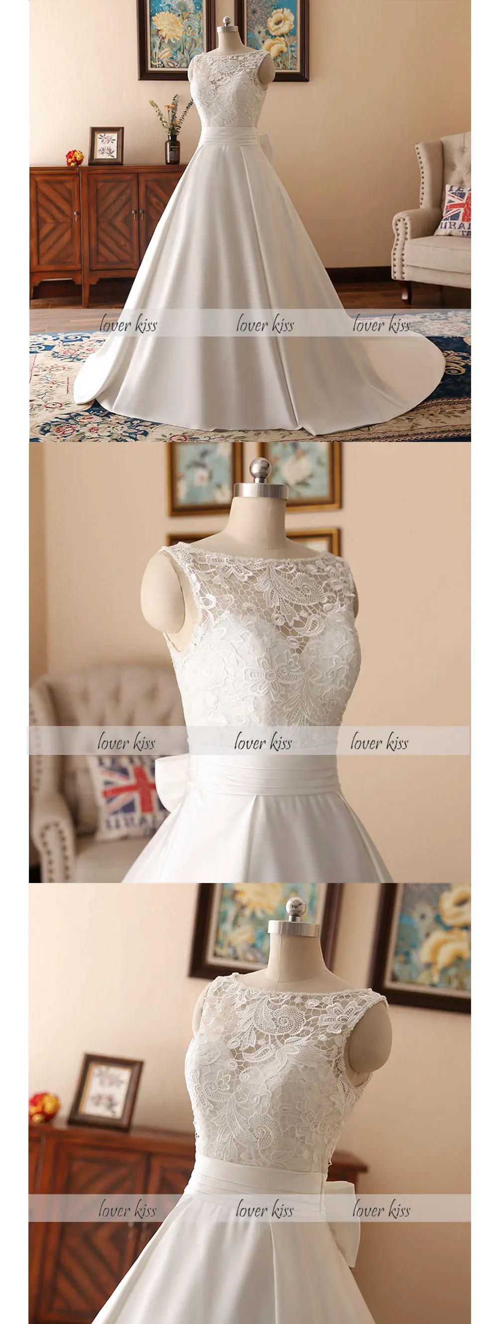 Lover Kiss Vestido De Novia, Атласное Бальное Платье без рукавов с бантом, свадебное платье, простое кружевное свадебное платье на заказ, Robe De Mariage