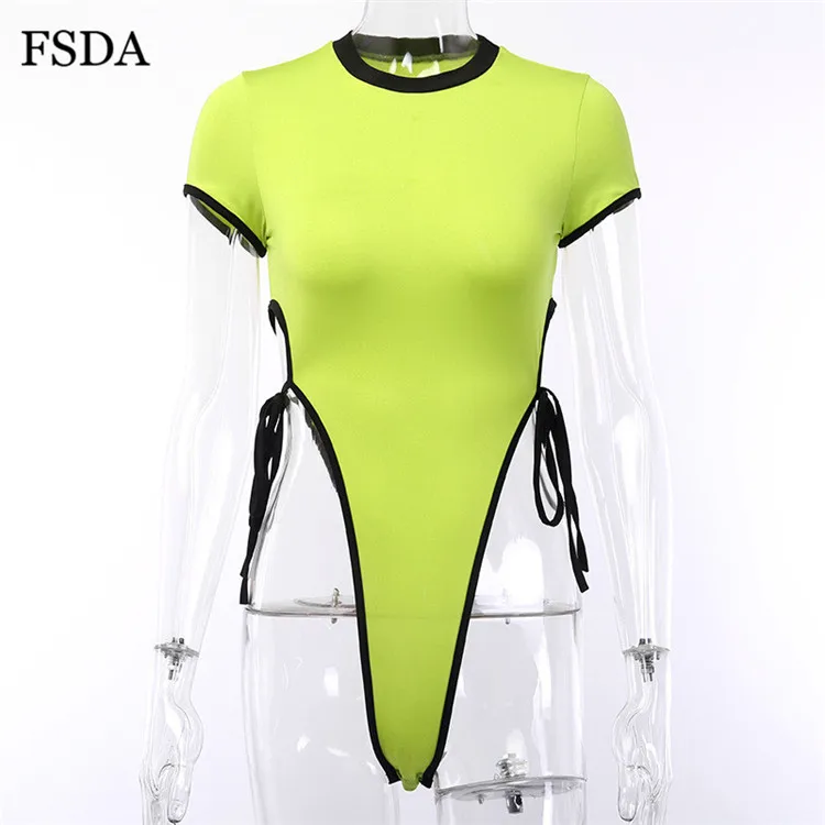 FSDA Neon Summer Bodysuit Sexy Beach Lace Up Hollow Out Short Sleeve Women Bodysuits