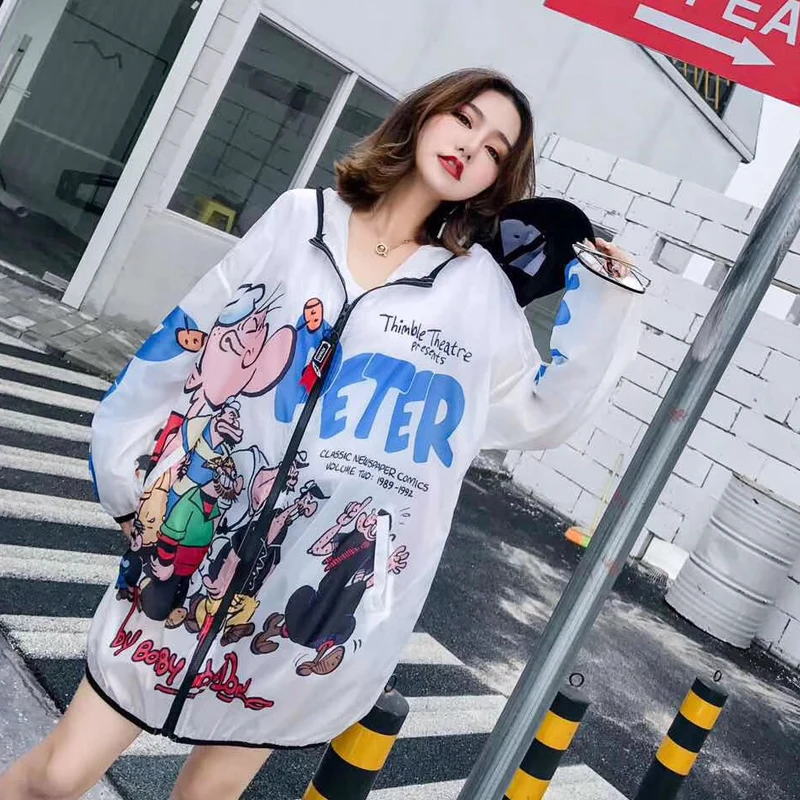 Лето мультфильм защита от солнца одежда для женщин High Street See Through Кардиган большие