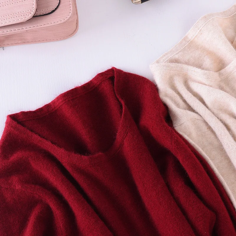 Casual Mink Cashmere Sweater Pullover Red Womens Long Sleeve O-neck Sweaters Autumn Winter Knitted Top 2018 Warm Jumper Knitwear | Женская