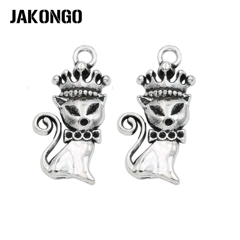 

JAKONGO Antique Silver Plated Crown Cat Charm Pendant for Jewelry Making Bracelet Accessories Findings DIY 31x15mm 15PCS/lot