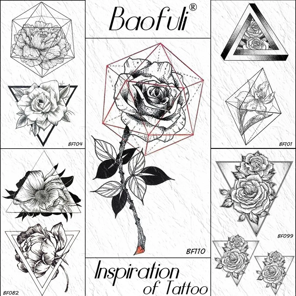 

BAOFULI Geometric Diamond Temporary Rose Tattoo Flower Leaves Black Tatoo Stickers Men Women Body Art Fake Triangle Tattoo Paper