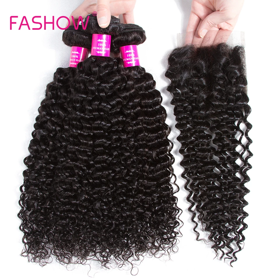 Перуанские человеческие волосы кудрявые 3 пряди с закрытием 100% натурального