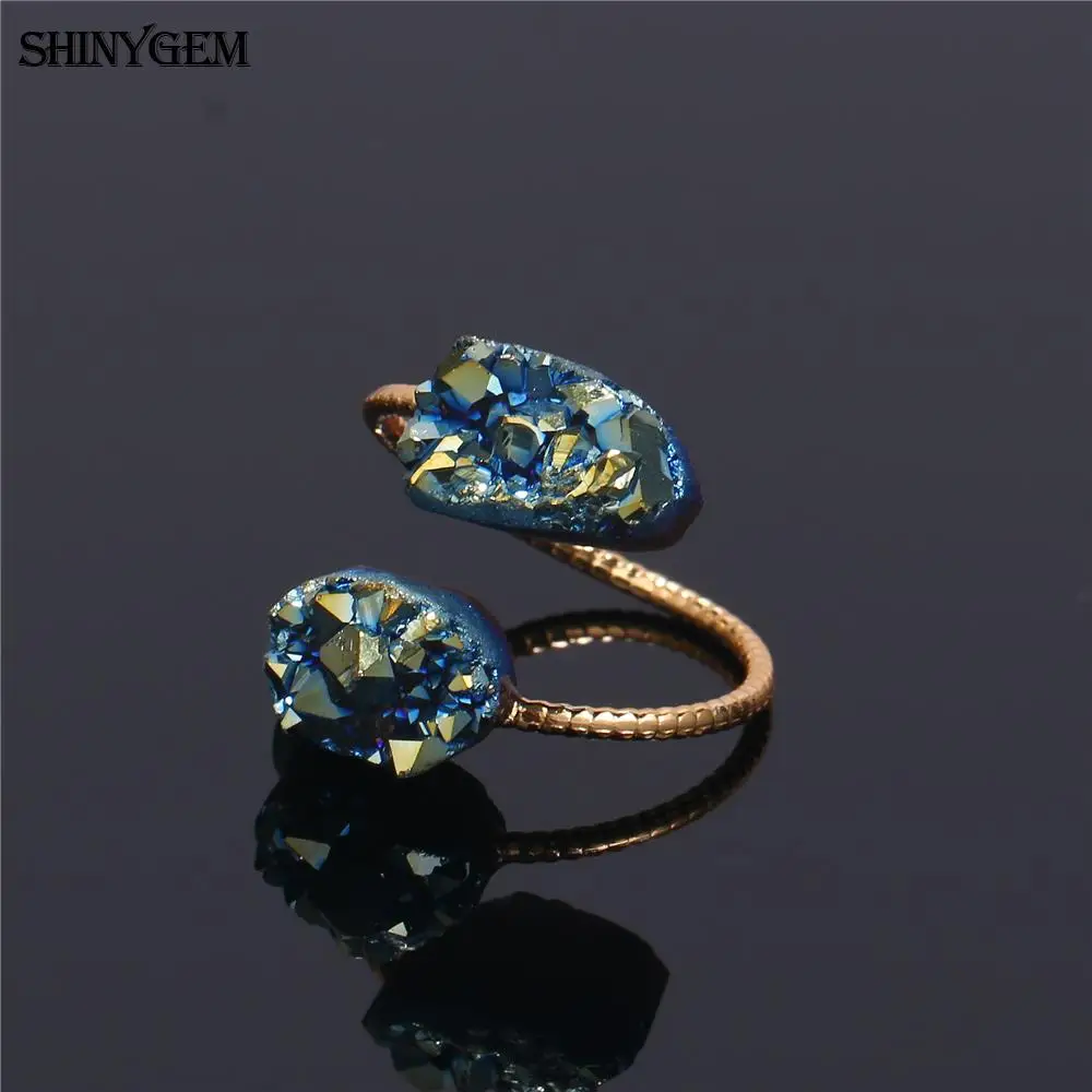 ShinyGem,, Винтажное кольцо с золотым покрытием, необычное двойное кольцо с друзами, кольца с регулируемым натуральным камнем для женщин, 5 шт./лот