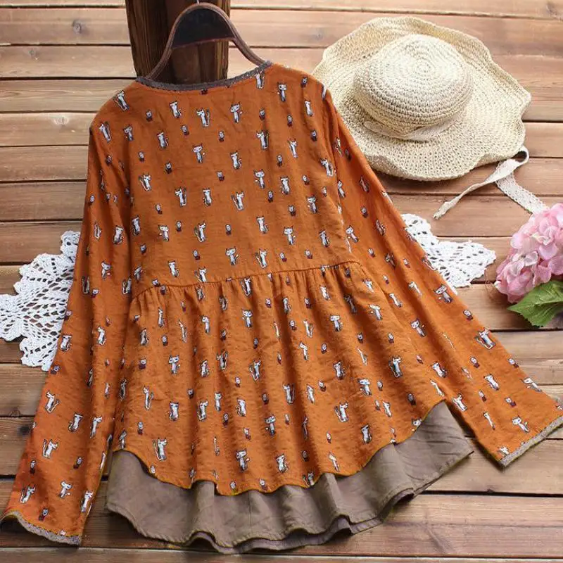 Women Blouses Shirts Print Cotton Flax Long Sleeve Blouse Loose Women's Tops New Arrival 2020 Spring Autumn Casual Female Shirt | Женская