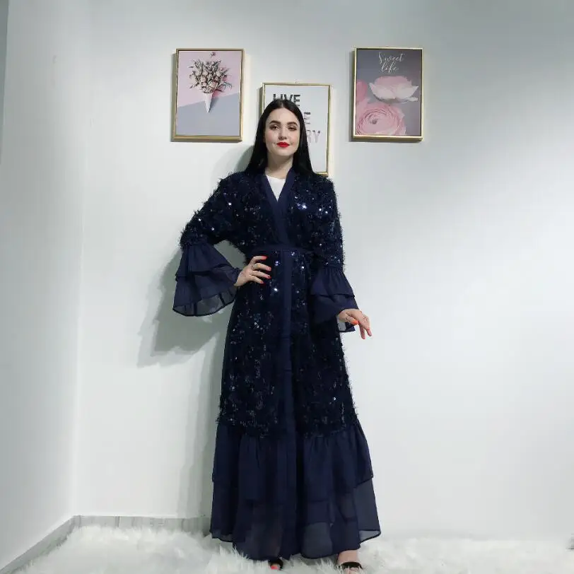 1 Мода Дубай блёстки Абая для женщин роскошное мусульманское Макси caftan открытое переднее арабское турецкое исламское платье Абая Дамская одежда - Цвет: 1