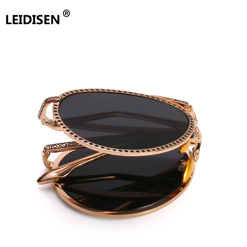LEIDISEN Foldable Metal Sunglasses Vintage Pattern Engraving Men Women Brand Glasses Designer Fashion Sun glasses UV400 | Аксессуары для