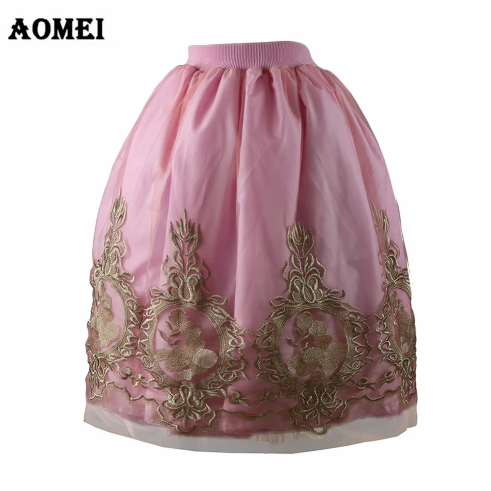 Женские Летние черные миди Тюлевая юбка с вышивкой цветок Faldas высокая Талия Тюль