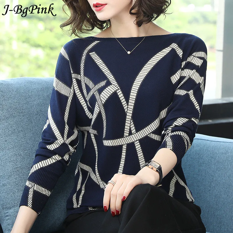2020 Autumn Loose Sweater Geometric Print Block O Neck Women Pullover Knitwear Jerseys and Sweaters Long Sleeve Knitted | Женская одежда