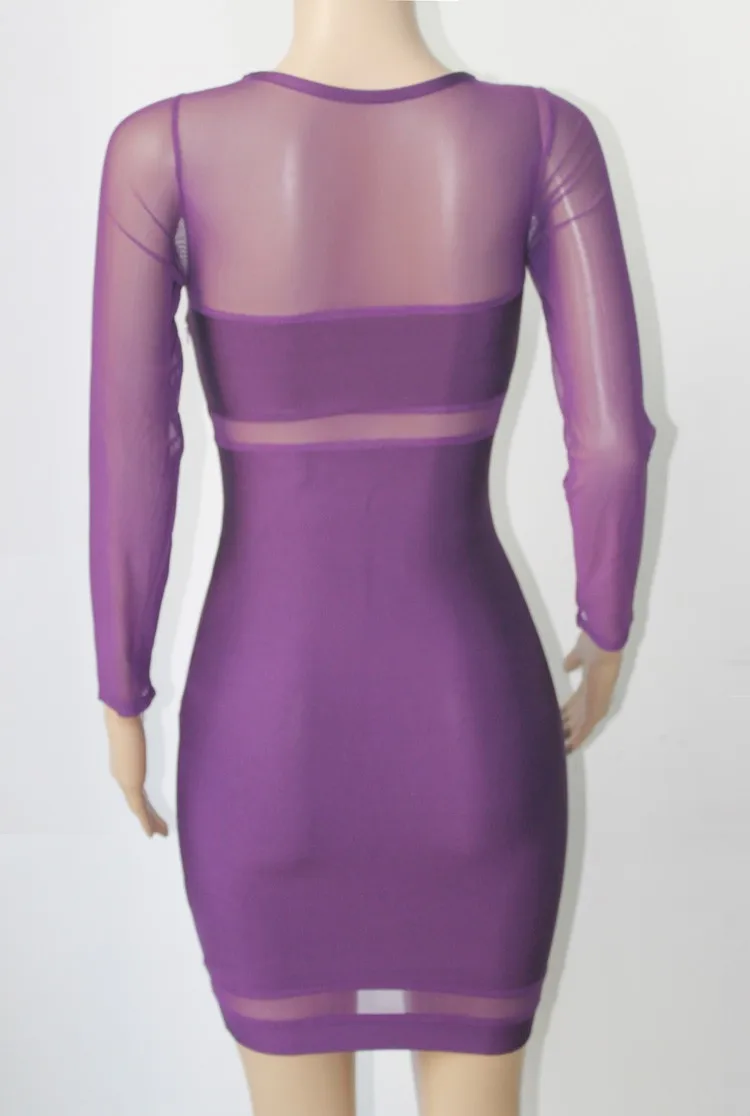 Long sleeve elastic women bandage dress mesh see through bodycon formal celebrity party for lady purple HL102-2 | Женская одежда