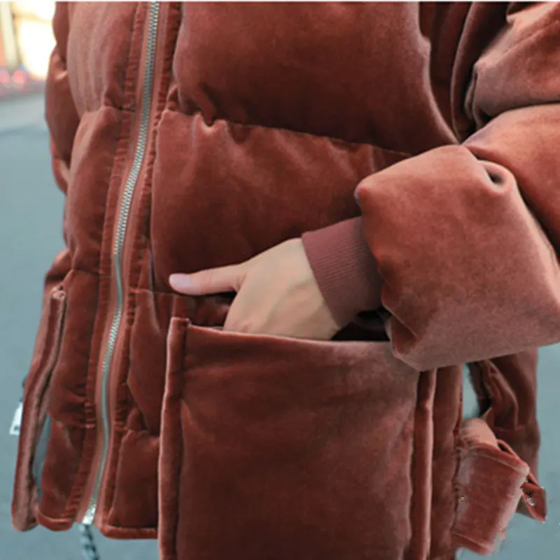 Для женщин бархат парка Новинка 2017 года Зима с длинным рукавом молния сгущает