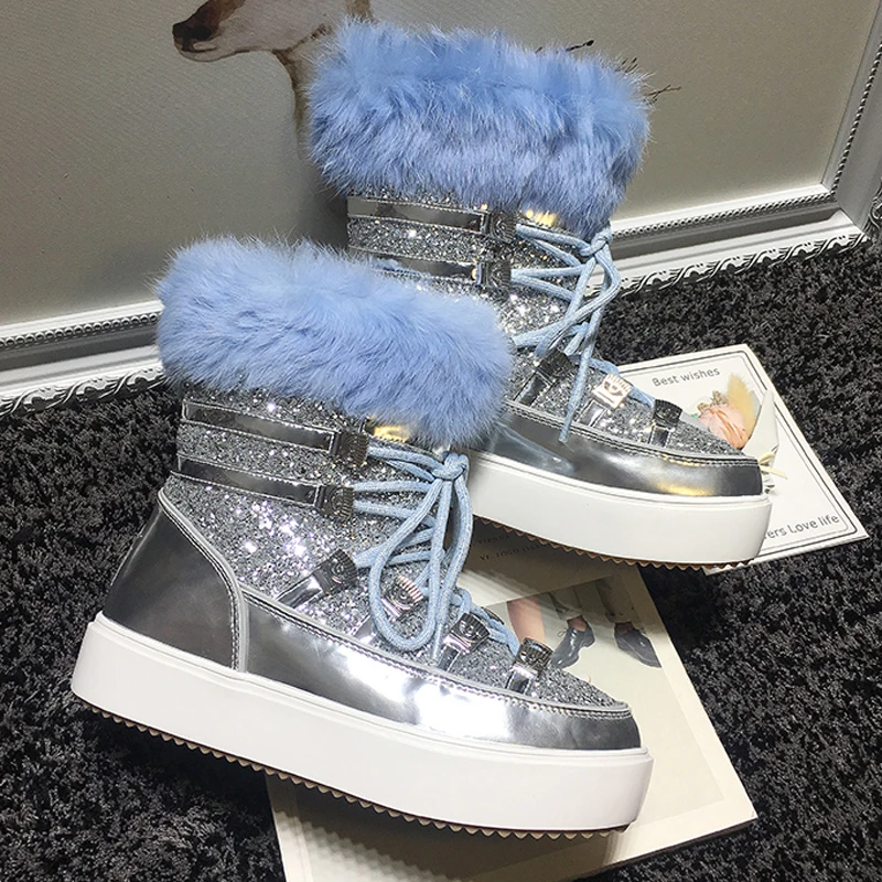Г., водонепроницаемые зимние ботинки женские ботильоны с круглым носком, украшенные блестками, на толстой подошве, из шерсти, на меху