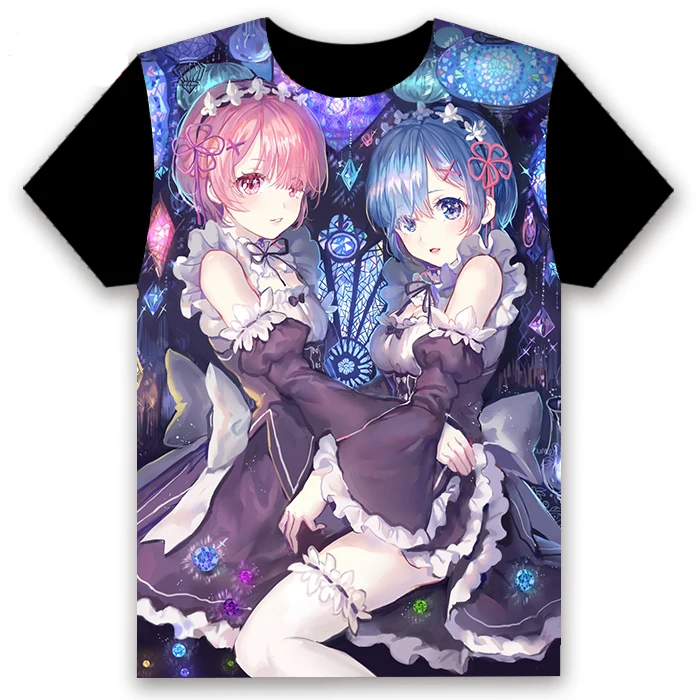 Fashion Men's T-shirt Anime Re:Zero kara Hajimeru Isekai Seikatsu Rem Ram Short Sleeve Student Casual Black Tee Tops Customize | Мужская