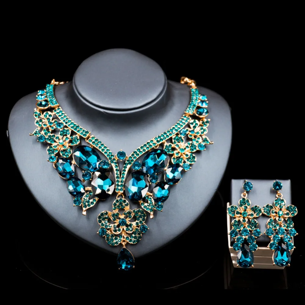 

Lan palace luxury jewelry sets gold color dubai Glass Rhinestone necklace and earrings for wedding six colors free shipping