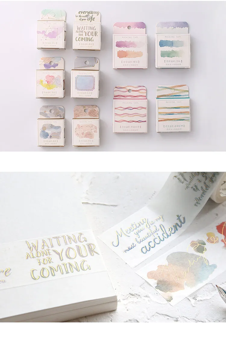 Симпатичные акварельные Позолоченные васи ленты DIY украшения Скрапбукинг планировщик Маскировочная лента течёт Золотая клейкая лента этикетки наклейки