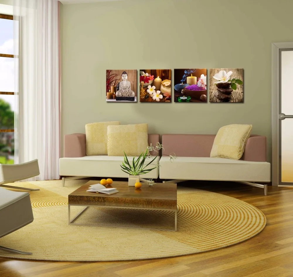Sea Charm Buddha Statue Canvas 4 Piece Stone Quiet Candle And Frangipani Picture Modern Zen Painting Giclee Artwork For | Дом и сад