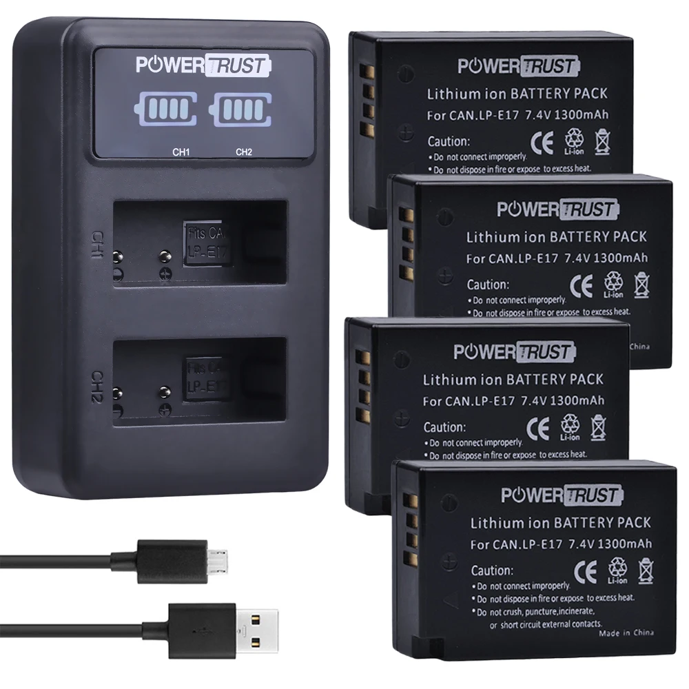 Литий ионный аккумулятор LPE17 LP E17 4х1300 мАч + двойное зарядное устройство USB LED для
