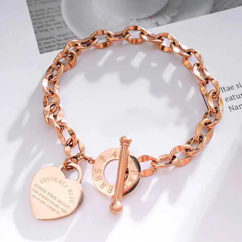 

Gold Rose Stainless Steel Hip hop Womens Mens O Chain Link Heart Charm Bracelets Rapper Bangle Guard Your Heart Jewelry