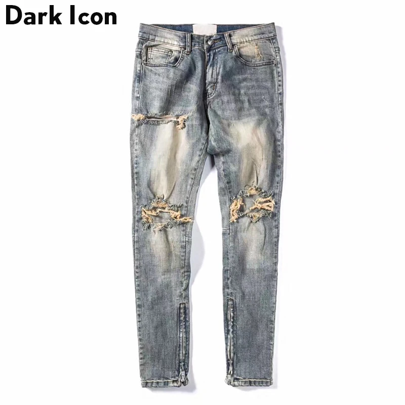 Мужские рваные джинсы DARK ICON потертые с боковой молнией 2019|men jeans|destroyed mens jeansjeans men |