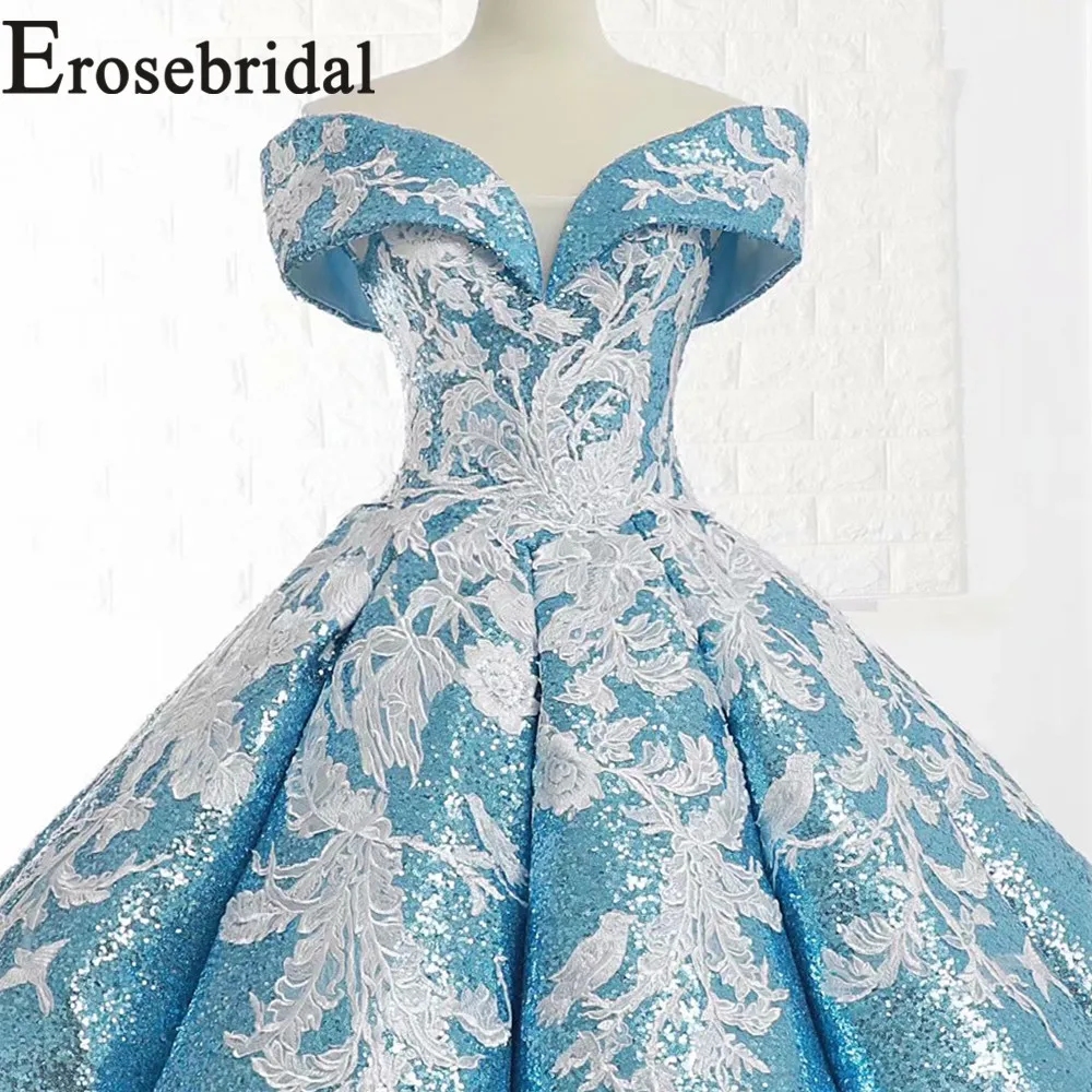 Женское платье с открытыми плечами Erosebridal лазурное V-образным вырезом длинное