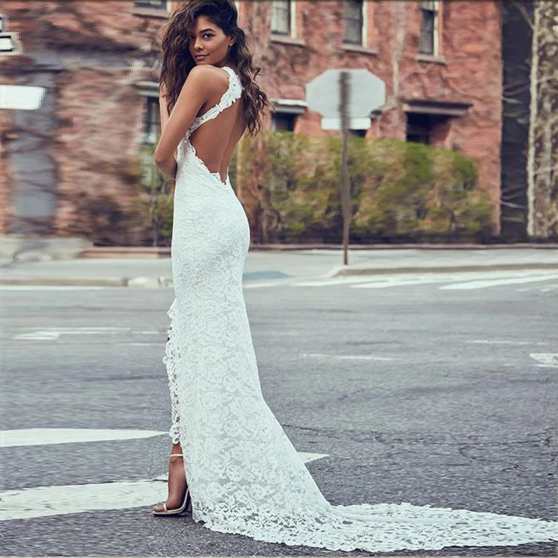 Сексуальное пляжное кружевное свадебное платье русалки лето 2019 без бретелек на