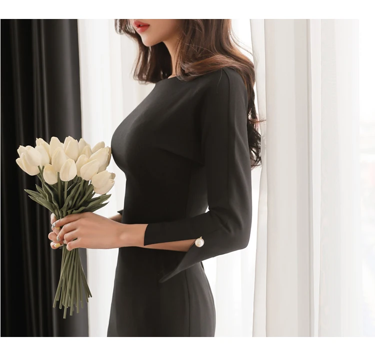 Осенне зимнее женское платье 2019 винтажное Черное вечернее с рукавом облегающее