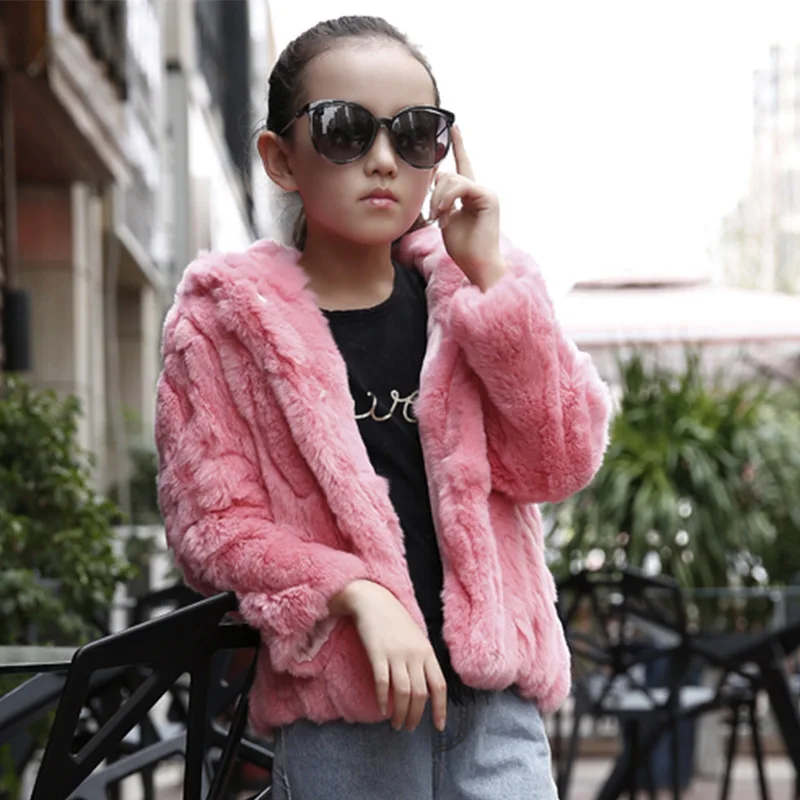 

2019 Kids Rabbit Fur Autumn Coat Winter Skin Girls Real Coat with Raccoon Skin Fur Collar Outwear Children Lovely Clothing